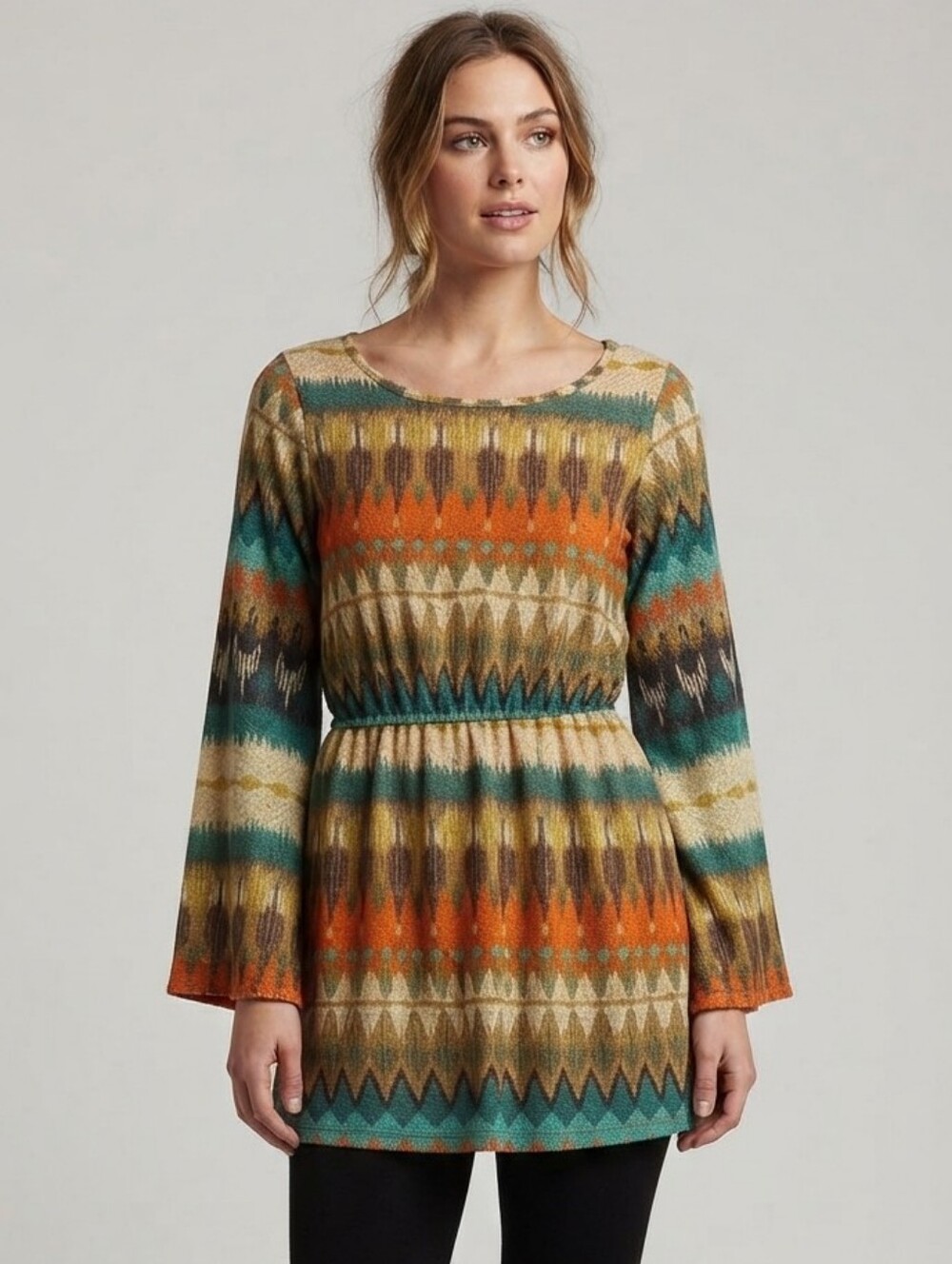 Yahada Multicolor Aztec Print Bell Sleeve Tunic Top Size L Very Good Condition